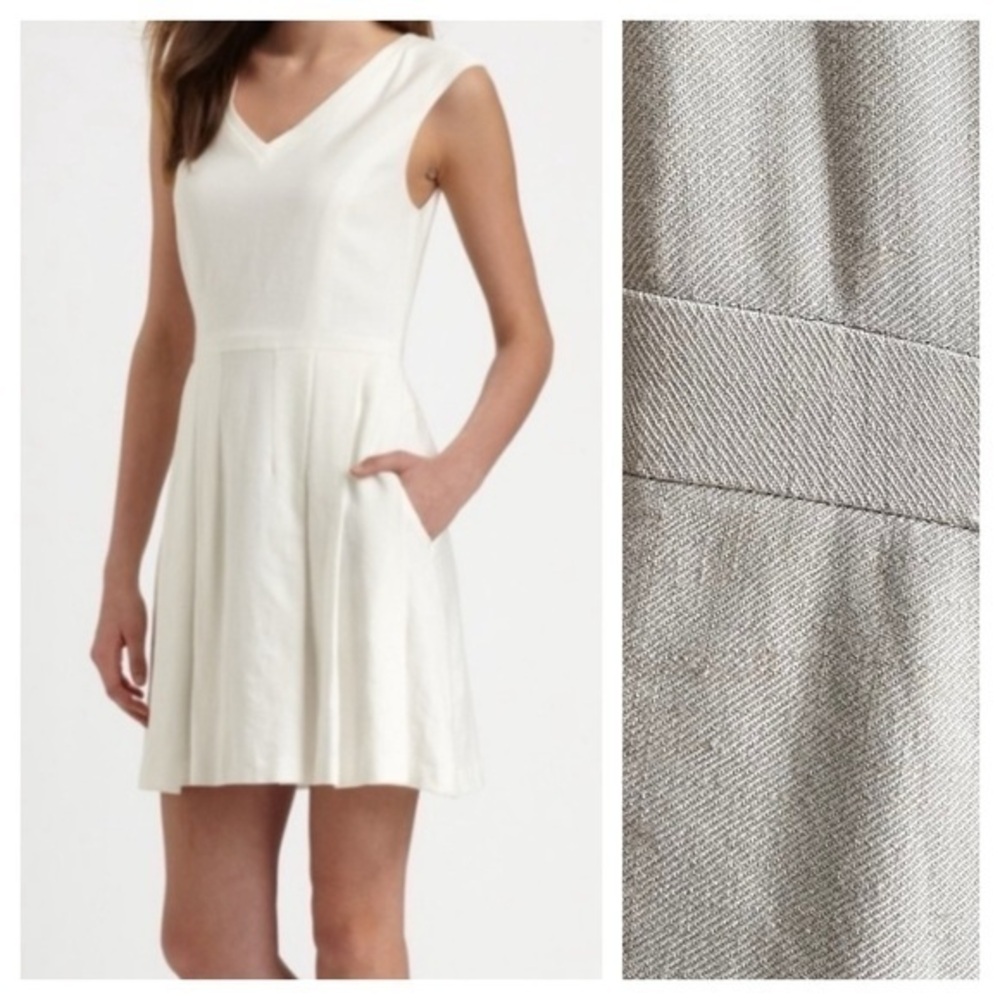 Theory Beige Linen Blend Pleated V-neck Narida Dress 0